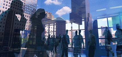 Reflection of people and buildings in glass