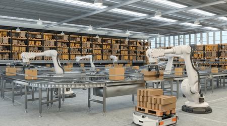 Distribution Warehouse With Automated Guided Vehicles And Robots Working On Conveyor Belt