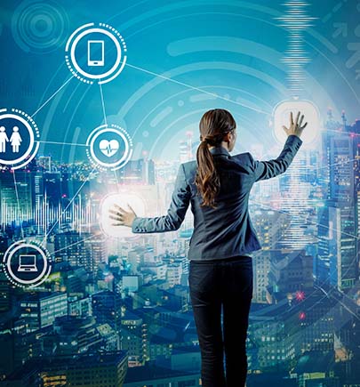 woman using large touch screen