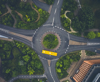 overhead view of a road roundabout