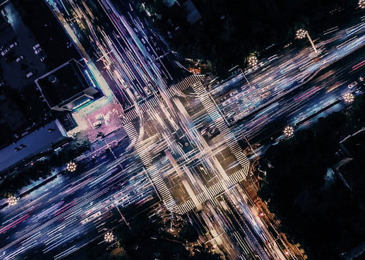 Overhead photo of a busy crossroads