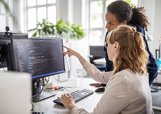 two people explaining a result on a screen