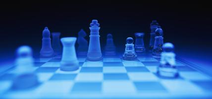 Chess Pieces On Blue Glass Board Against Dark Background