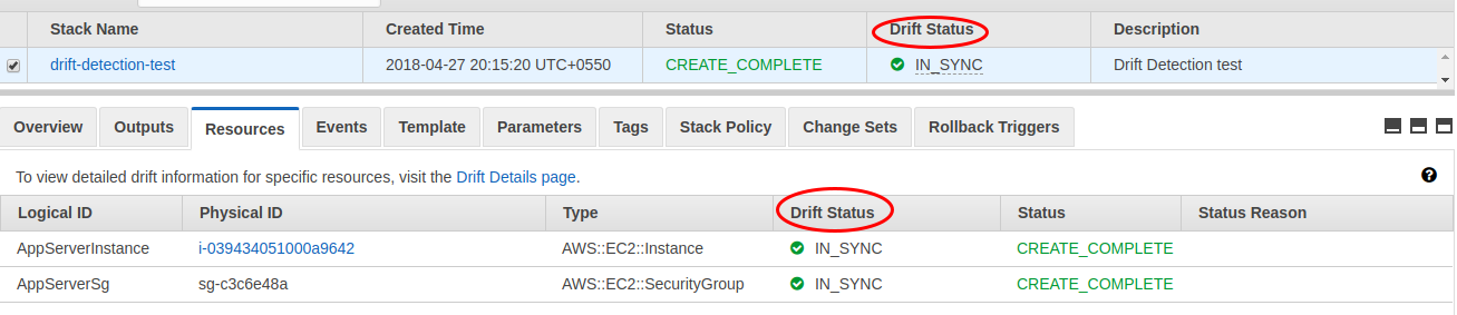 AWS CloudFormation console screenshot showing drift status