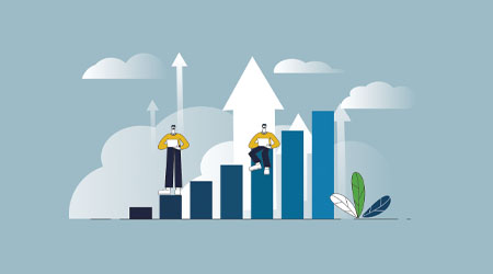 A graphical image with illustrated workers standing on top of a bar graph