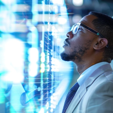 A man in a white shirt and tie looks up at a screen displaying data in a modern office