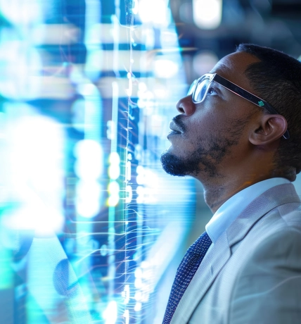 A man in a white shirt and tie looks up at a screen displaying data in a modern office