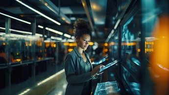 Black female, Chief Technology Officer, using a tablet standing in Big Data Center