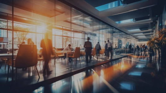 Time lapse of the interior of a modern business office with the reflection of the sun coming through the windows