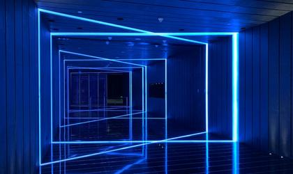 neon blue accents in blue hallway