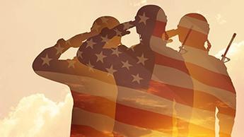 Silhouettes of soldiers with print of sunset. Greeting card for Veterans Day, Memorial Day, Independence Day.