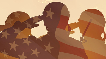 Silhouettes of soldiers with print of sunset. Greeting card for Veterans Day, Memorial Day, Independence Day.