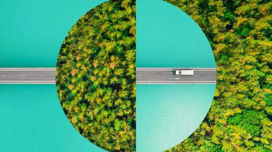 Creative picture montage with a circle shape, connecting an elevated road with a green forest
