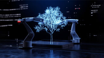 two machines with digital glowing tree