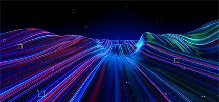 Digital generated image of abstract flowing data landscape made out of numbers and glowing blue and red splines moving away from camera on black background.
