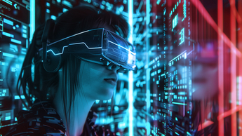 Augmented reality. Woman in futuristic neon metaverse game, girl exploring AR cyberspace