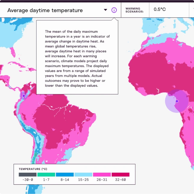 World map showing average daytime temperature