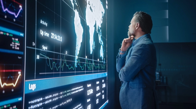 man looking pensively at a data screen