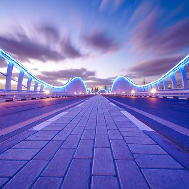 bridge with colorful blue lights