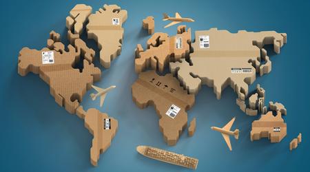Carton world map. Global logistics, shipping and worldwide delivery business, 3d illustration concept